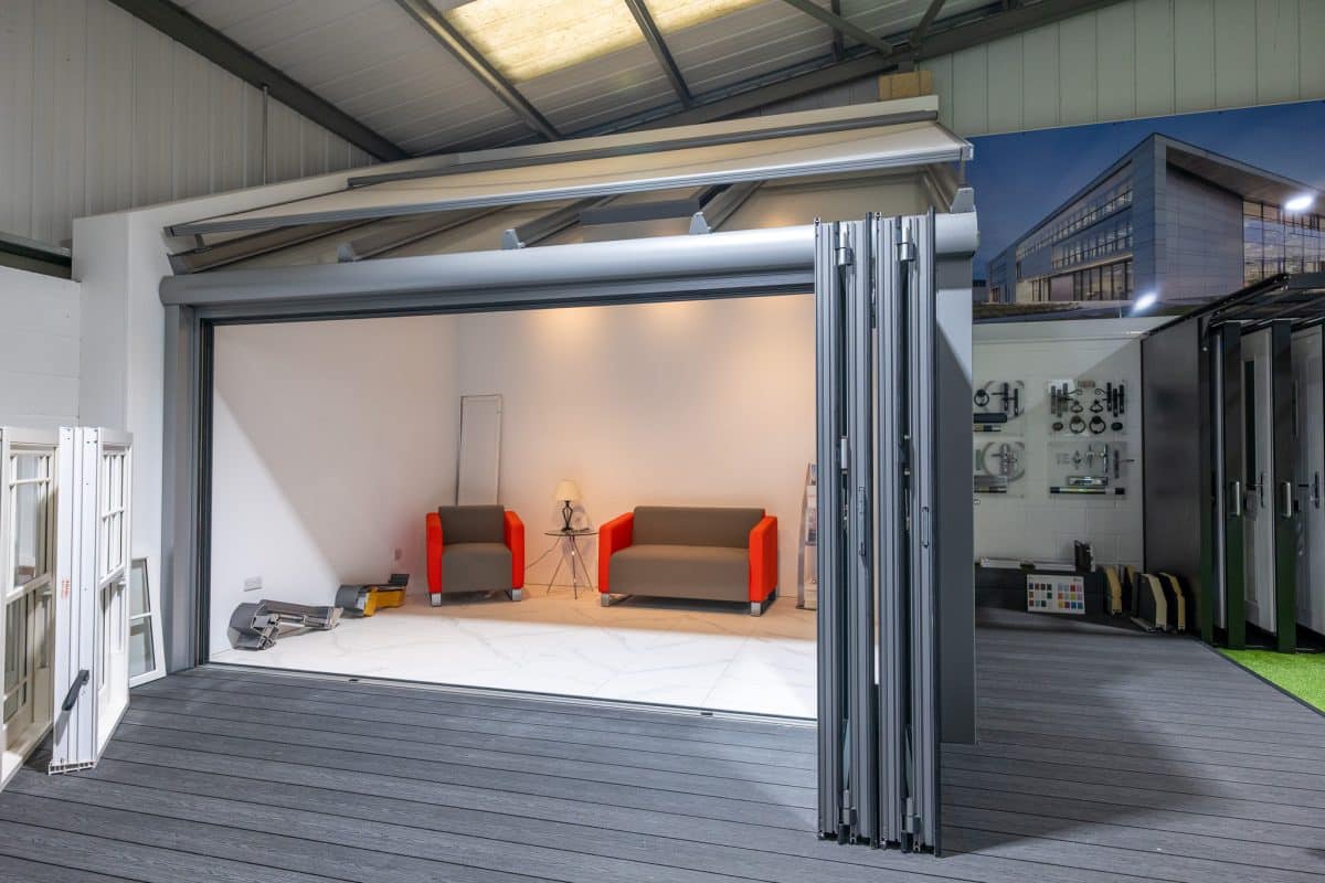 Solarlux Wintergarden with bifold doors opening in either direction in a showroom