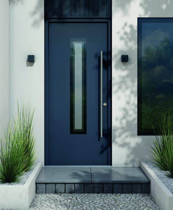 apeer doors in a contemporary house, grey colour with side picture window